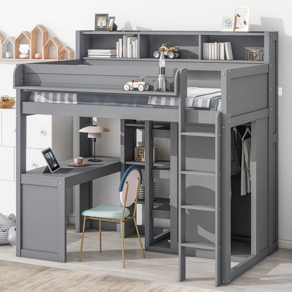 Gray Twin Loft Bed with Desk and Wardrobe, Storage Shelves Wood Kids Study Loft Bed Space Saving