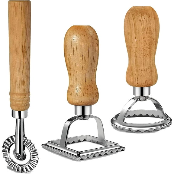 Stamp Cutter with Roller Wheel Set - Pasta Maker Mold with Wooden Handle and Fluted Edge - Ravioli Cutter and Press Stamp for Pasta, Dumplings Lasagna, Pierogi - 3 Set with Cutter