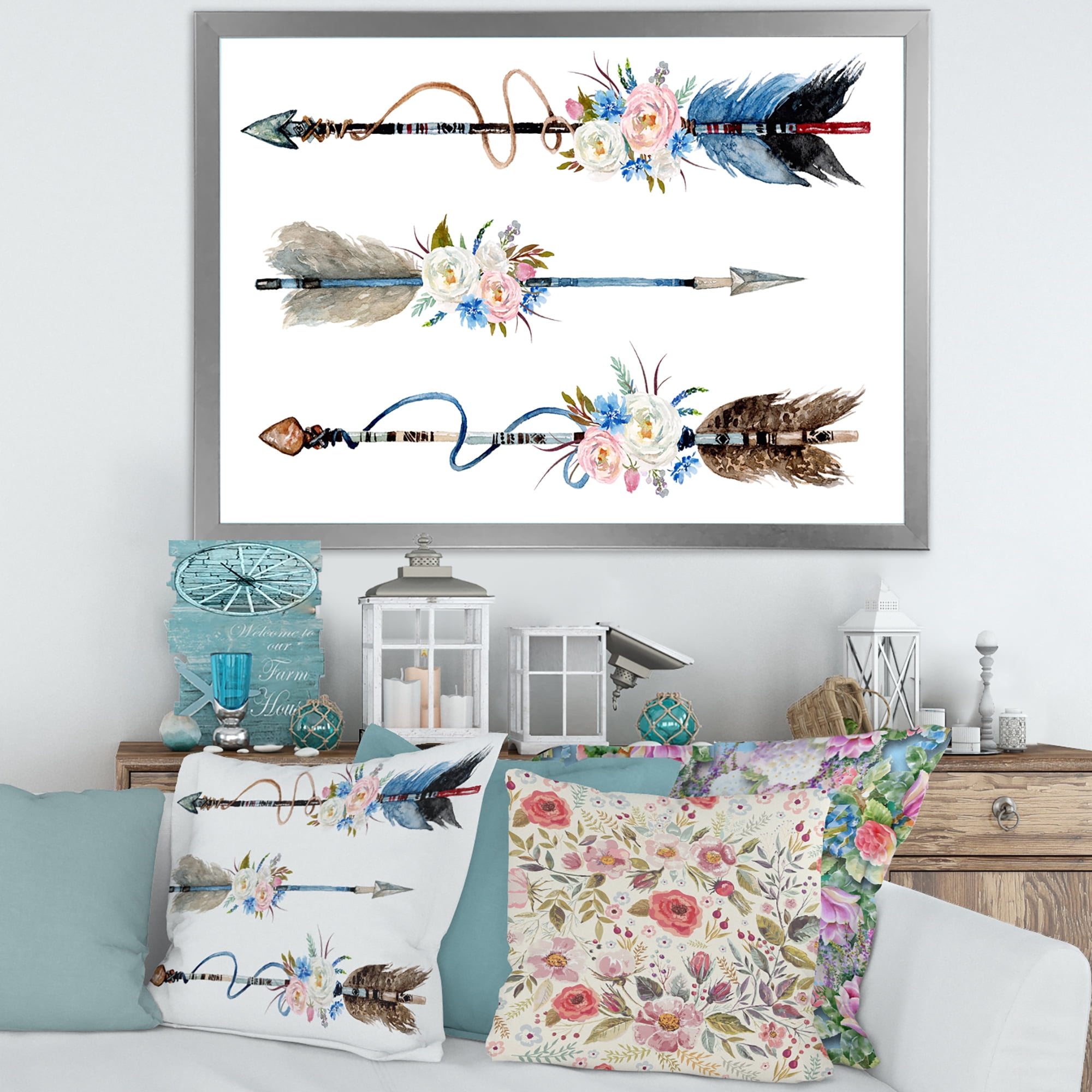 Designart 'Flowers and Ethnic Feathers On Native Arrows I' Bohemian & Eclectic Framed Art Print
