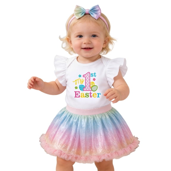 Gbsyewxs Easter Outfit Baby Girl Ruffle Sleeve Crew Neck Romper And Gradient Tutu Skirt Cartoon Print With Headband Toddler Clothes Set White Size 3-6 Months