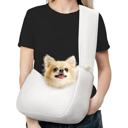 Pawaboo Dog Sling Carrier for Small Dogs Cats  Ultra-Comfortable Dog Carrier Sling Up to 10lbs  Hand-Free Widened Strap Dog Purse for Cat & Puppy  Dog Pouch Carrier Built-in Safety Leash (White)