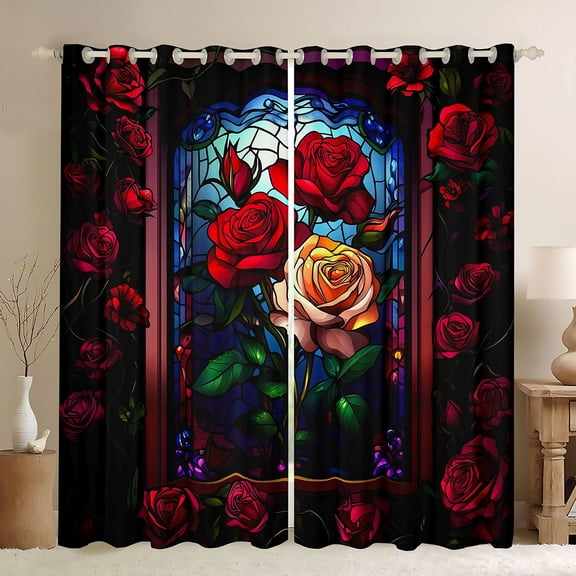 Homewish Romantic Rose Flwoer Black Out Curtains, Bohemian Western Plant Curtains Pack of 2 (42x63 Each), Teens Adult Female Bedroom Curtains, Window Curtains Room Decor