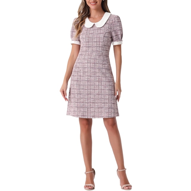 VESTIDOS CON COLLAR PETER PAN INSPIRADORES PARA MUJERES, VESTIDO MINI DE TWEED CON PUFF Y CUADROS DE MANGA CORTA XL ROSA