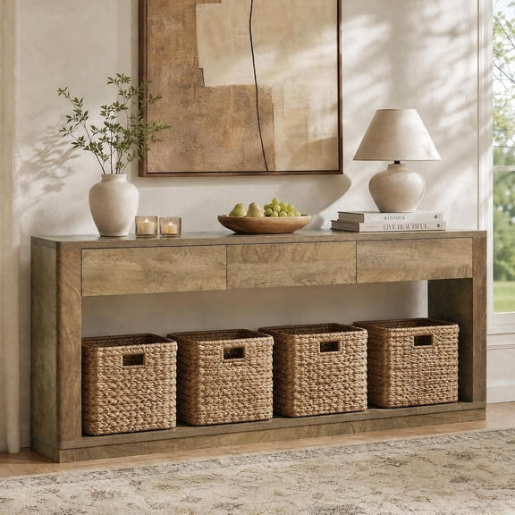 Finmind 70.9" Console Table with 3 Drawers, Long Farmhouse Entryway Table, Narrow Sofa Table Behind Couch with Open Shelf, Rustic Brown Storage Table for Living Room, Hallway, Foyer