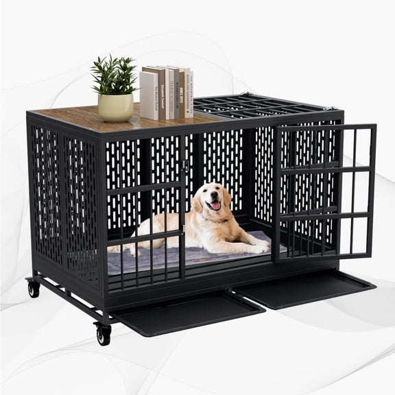 48 Inch Heavy Duty Dog Crate with Wheels, Folding Metal Big Dog Cage for Large and Medium Dogs, Extra Large XL XXL Indestructible Furniture Style Dog Crate with Removable Tray.