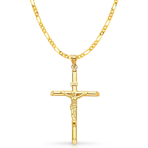 14K Yellow Gold Crucifix Pendant with 3.9mm Figaro 3+1 Chain Chain Necklace - 22"