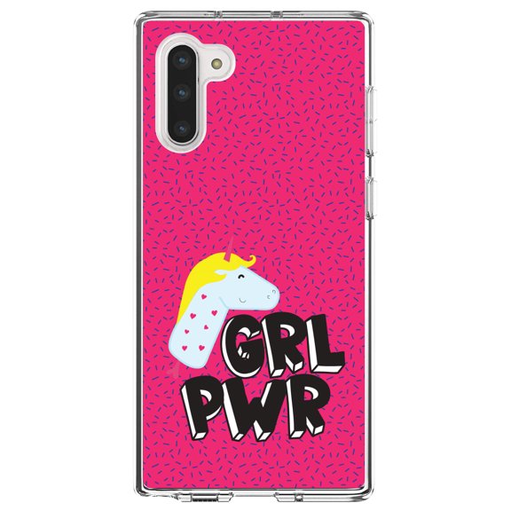 DistinctInk Clear Shockproof Hybrid Case for Samsung Galaxy Note 10 (6.3" Screen) - TPU Bumper, Acrylic Back, Tempered Glass Screen Protector - Girl Power - GRL PWR - Unicorn Pink Background