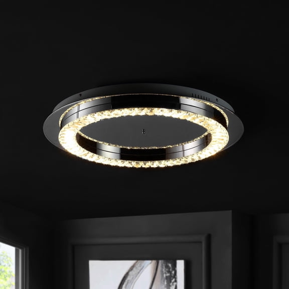 JONATHAN Y Cristal 24" Integrated Iron/Crystal Glam LED Flush Mount, Chrome/Clear, JYL7217A
