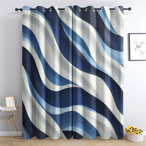 Blue And White Wavy Blackout Curtains Set, Abstract Navy Wave Patterned Curtains For Bedroom, Living Room Decor, Room Darkening Thermal Insulated Grommet Drapes 26"W x 54"L (Pack of 2)