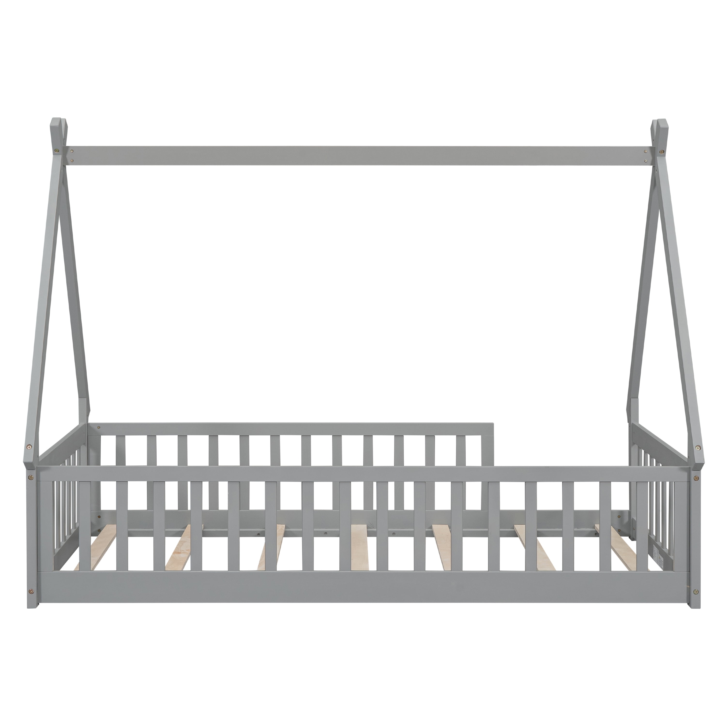 Twin Size House Floor Bed, Wood Montessori Bed Frame with Fence Guardrails, House Beds Frame No Box Spring Needed（Twin,Gray)