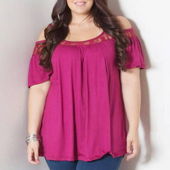 Xixinqiwan Womens Plus Size Cold Shoulder Tops Casual Short Sleeve Scoop Neck Lace Pleated T Shirts Tunic Blouse