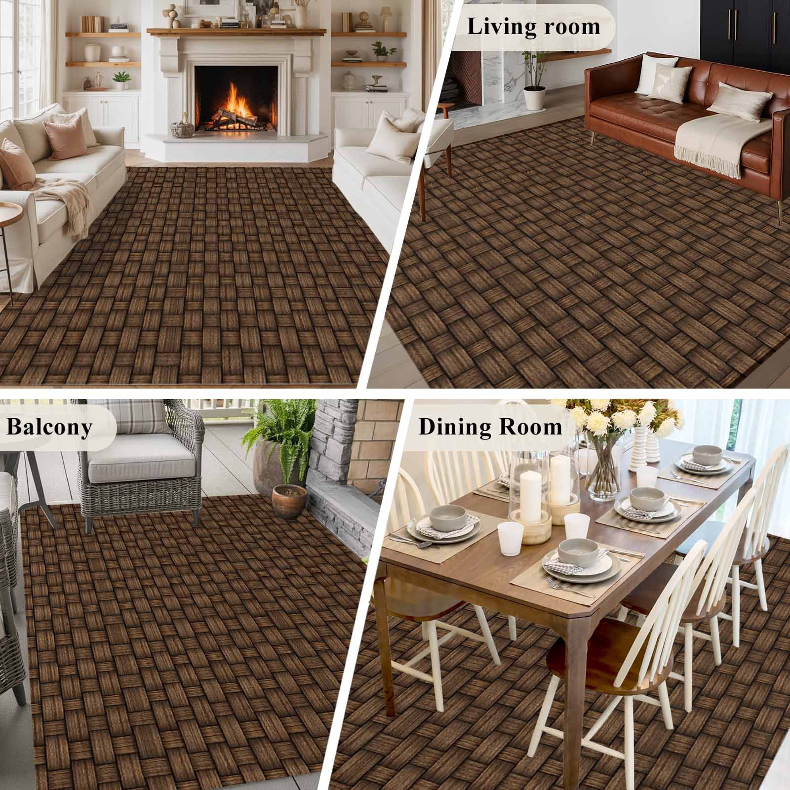 Large Area Rugs for Living Room Bedroom, Dark Brown Rattan 6'x9' Rug Washable Carpet Runner Indoor Outdoor, Vintage Abstract Wicker Texture Non Slip Floor Mats Rug for Kitchen, Playroom