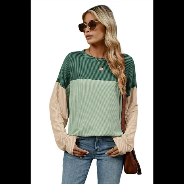 Camisa Holgada Informal de Punto con Cuello Redondo y Larga con Bloques de Color para Mujer, Color Verde , Talla XL