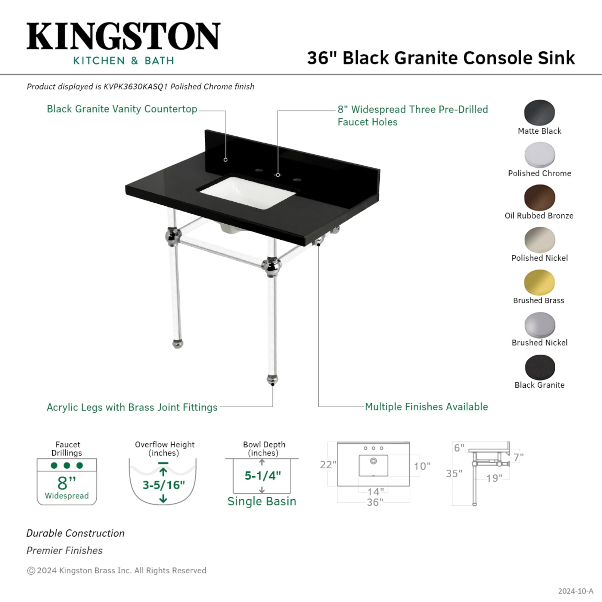 Kingston Brass KVPK3630KASQ0 Templeton 36" Black Granite Console Sink with Acrylic Legs (8-Inch, 3-Hole), Black Granite/Matte Black