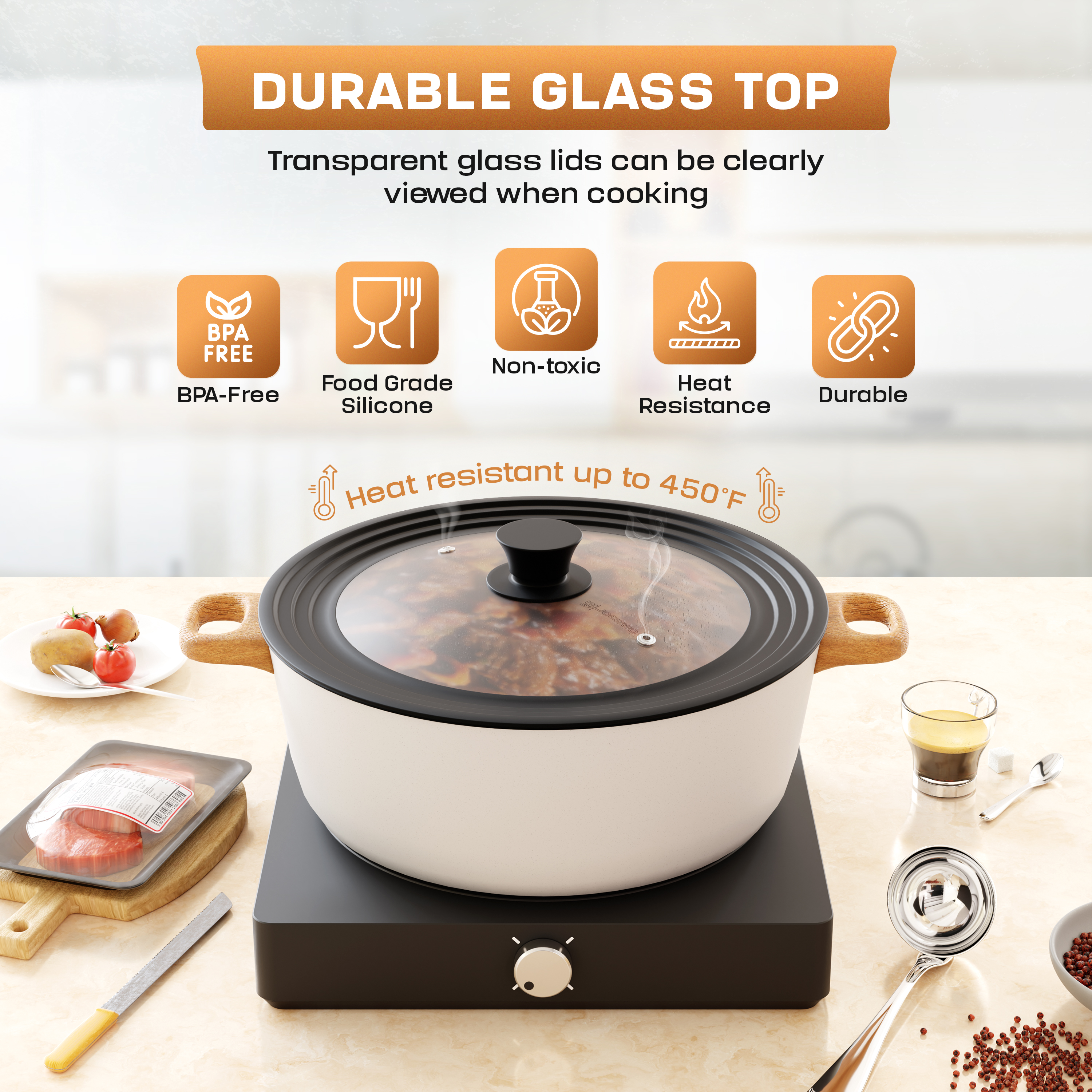 Universal Lid for Pots, Pans & Skillets Size 12", 12.5", 13", 13.5", 14" & 15" Cookwares -Tempered Glass with Silicon Rim-Black