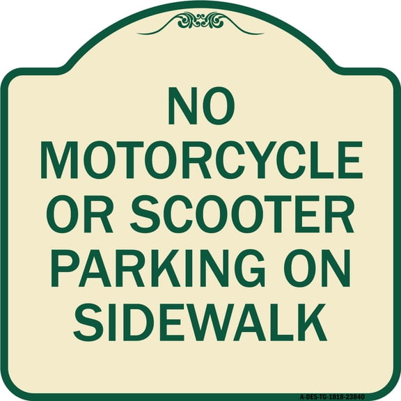 SignMission Designer Series Sign - No Motorcycle or Scooter Parking on Sidewalk | Tan & Green 18" X 18" Heavy-Gauge Aluminum Architectural Sign | Made in the USA