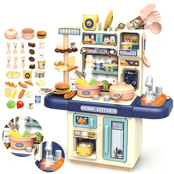 Kids Kitchen Playset 34Pieces with Sound & Light - Cooking Stove with Steam, Play Sink and Toy Kitchen Accessories - Pretend Kitchen Play Food Toys for Kids Boys Girls Toddler Play Kitchen Set - Blue