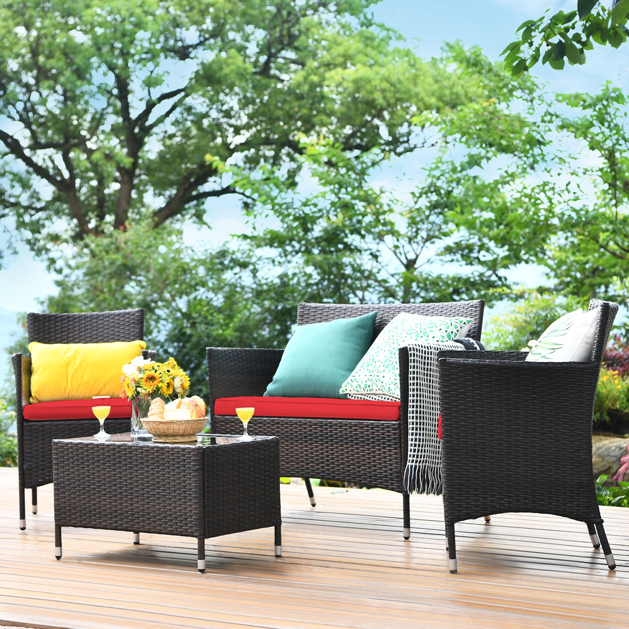 Gymax 4 Pieces Patio Rattan Conversation Furniture Set Outdoor with Red Cushion