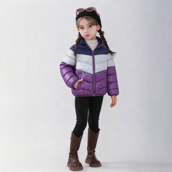 CPNG Boys Girls Zip Up Colour Block Coats Lightweight Padded Down Jacket Warm Packable Hooded Winter Outerwear Puffer Hooded Jackets with Pockets