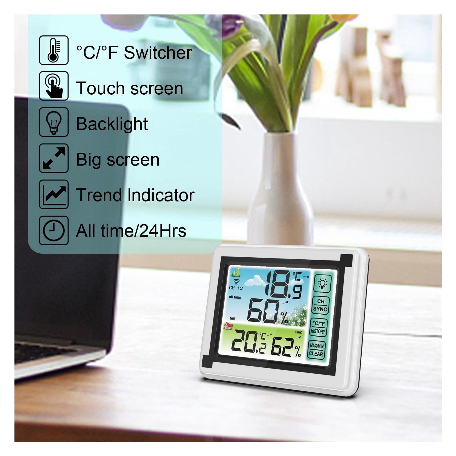 Wireless Weather Station with 3 Sensors, Color Screen Humidity Monitor, IPX4 - 3 SENSORS