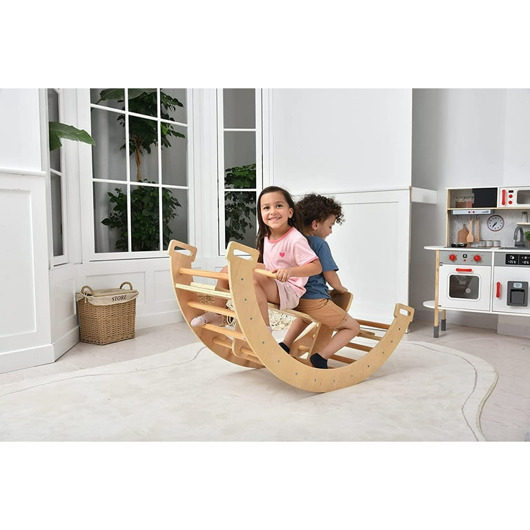 Avenlur BAILIS Seesaw Rocker Climber Arch with Handles and Built in Seat for Toddlers Montessori Waldorf Style Wooden Colorful Rainbow Arch Climbing