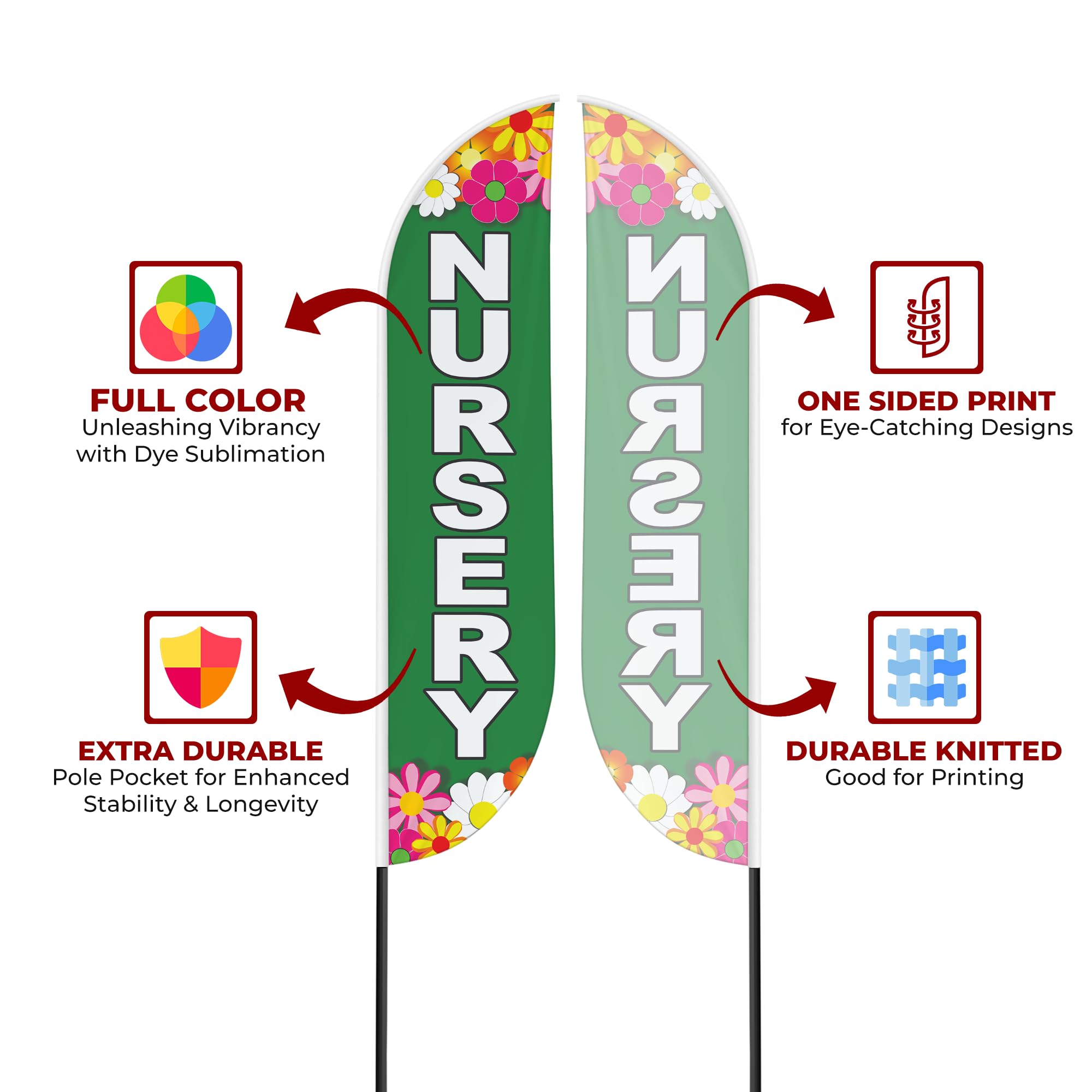 Nursery Sign feather flag for Outdoor by Mavis Print | 11.5 FEET Long Polyester Outdoor Banner Flag for Easy Hang | HD Print Swooper I Flag Only forNursery Advertising | Made in USA I Flag Only