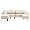 thumbnail image 4 of Convertible Sectional Sofa Couch with Chaise Lounge & Ottoman, Modern U-Shaped Tufted Upholstered Sectional Sofa Set with Scroll Armrests and Wood Legs, 5-Seater Accent Sofa for Living Room, Beige, 4 of 7