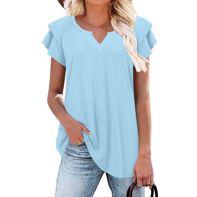 BVOFAR Women's Notch V Neck Layered Ruffle Short Sleeve Tunic Tops Summer Casual Shirts 2025 Solid Color Trendy Blouses