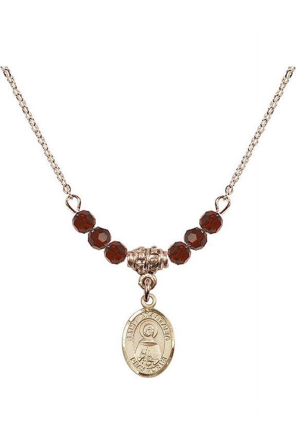 18-Inch Hamilton Gold Plated Necklace with 4mm Red January Birth Month Stone Beads and Saint Anastasia Charm