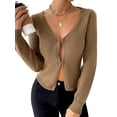 thumbnail image 3 of Womenacute;s Solid Color Cropped Cardigan Long Sleeve V Neck Solid Color Hook and Eye Knit Sweater Tops, 3 of 10