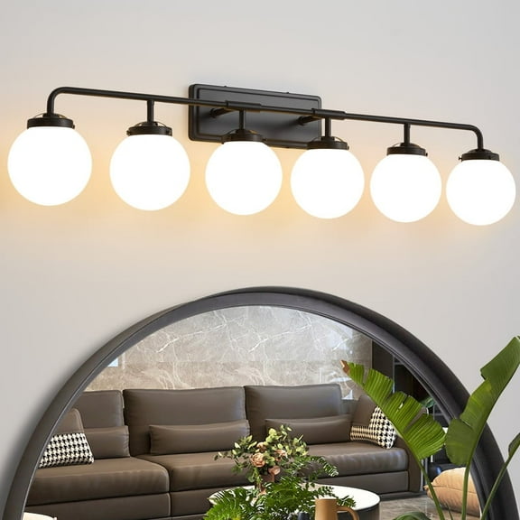 Deyidn 6-Light Modern Vanity Light, Black Bathroom Light Fixture with Milk White Glass Globes, 45 Inch Bathroom Wall Sconce for Mirror