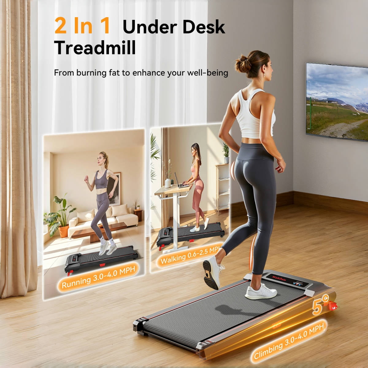 Walk Date Under Desk Treadmill With Incline,Walking Pad Treadmill With Triple Shock-Absorbing System, 2.5HP Quiet Brushless