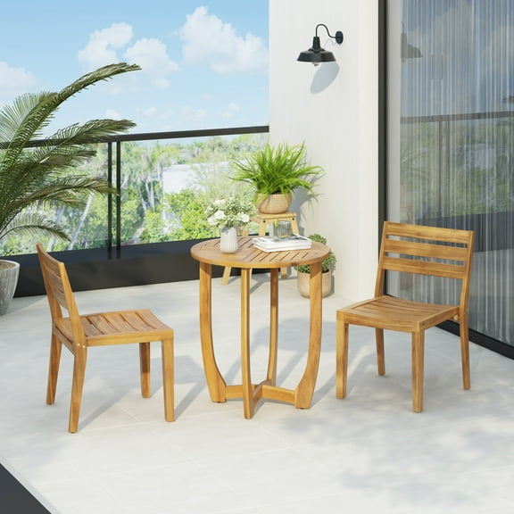 GDF Studio Rustic Slat Design 3-Piece Outdoor Bistro Set with Acacia Wood Table and Chairs, Teak Finish
