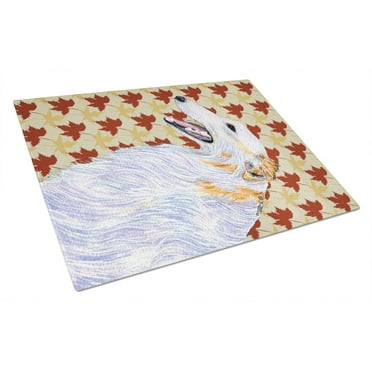 Borzoi Fall Leaves Portrait Glass Cutting Board Large