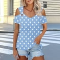 thumbnail image 2 of Stamzod Fashion Cold Shoulder Short Sleeve Crewneck Summer Tops Casual Loose Fit Graphic Tee Top Loungewear Beach Vacation Clothes for Women Light Blue B M, 2 of 6