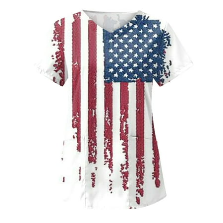 

Printed Scrub Tops Women Summer Summer Independence Day Printed Care V-Neck Working Uniform