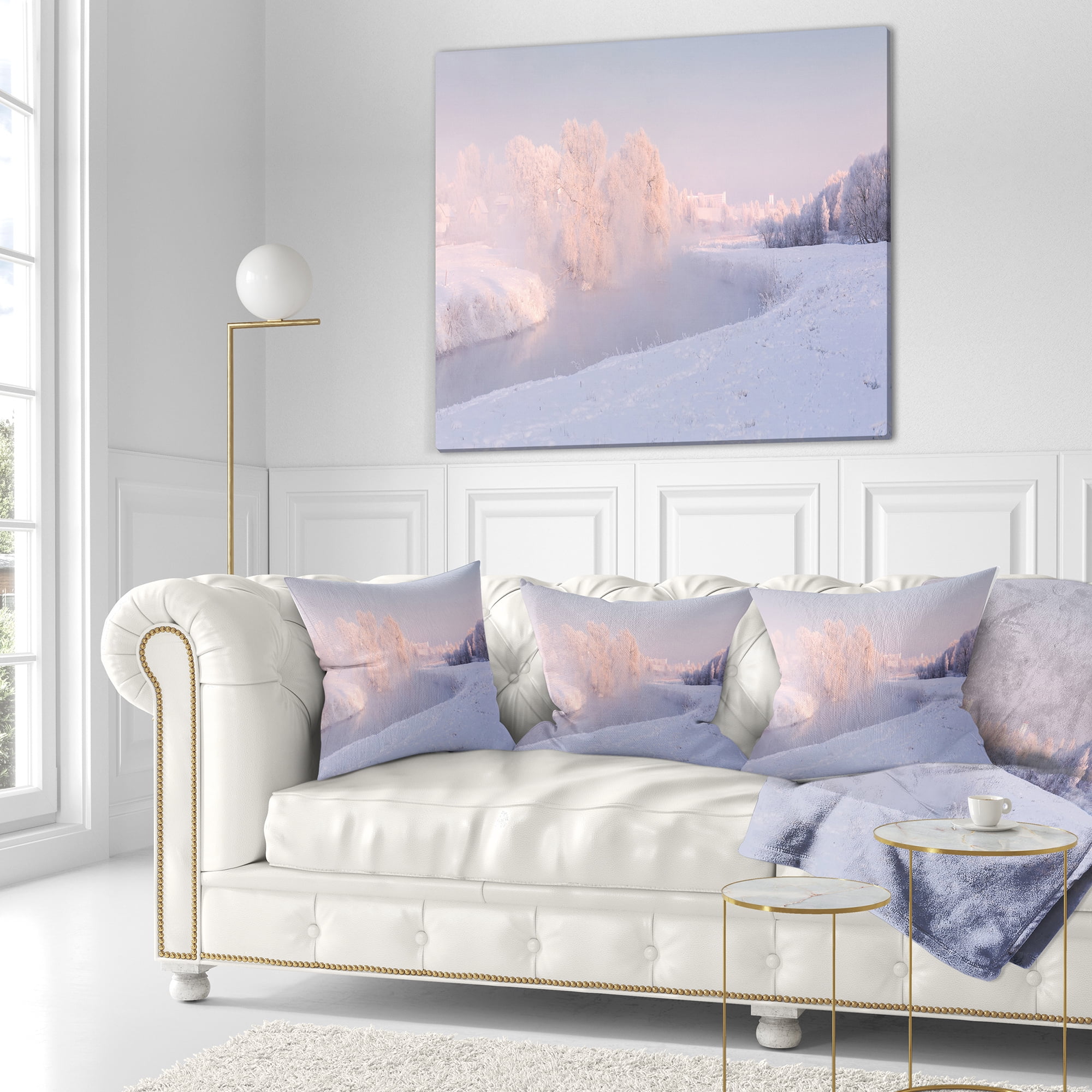 Designart Frosty Winter Sunshine Panorama - Landscape Printed Throw Pillow - 18x18