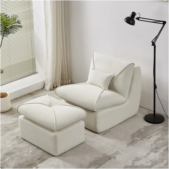 JERFIT Modern Lounge Chair and Ottoman Set, Compact Upholstered Chenille Sofa for Small Spaces, Beige Accent Chair for Living Room, Bedroom, Studio