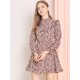 thumbnail image 3 of Allegra K Vestido De Flores Cintura Elástica Cuello Alto Con Volantes Botones Para Mujer Beige XL Unique Bargains ajustado, 3 of 7
