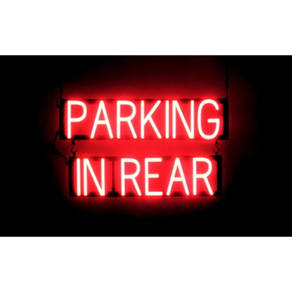 SpellBrite PARKING IN REAR LED Sign for Business. 25.8" x 15.0" Red PARKING IN REAR Sign Has Neon Sign Look With Energy Efficient LED Light Source. Visible from 500 Feet, 8 Animation Settings.