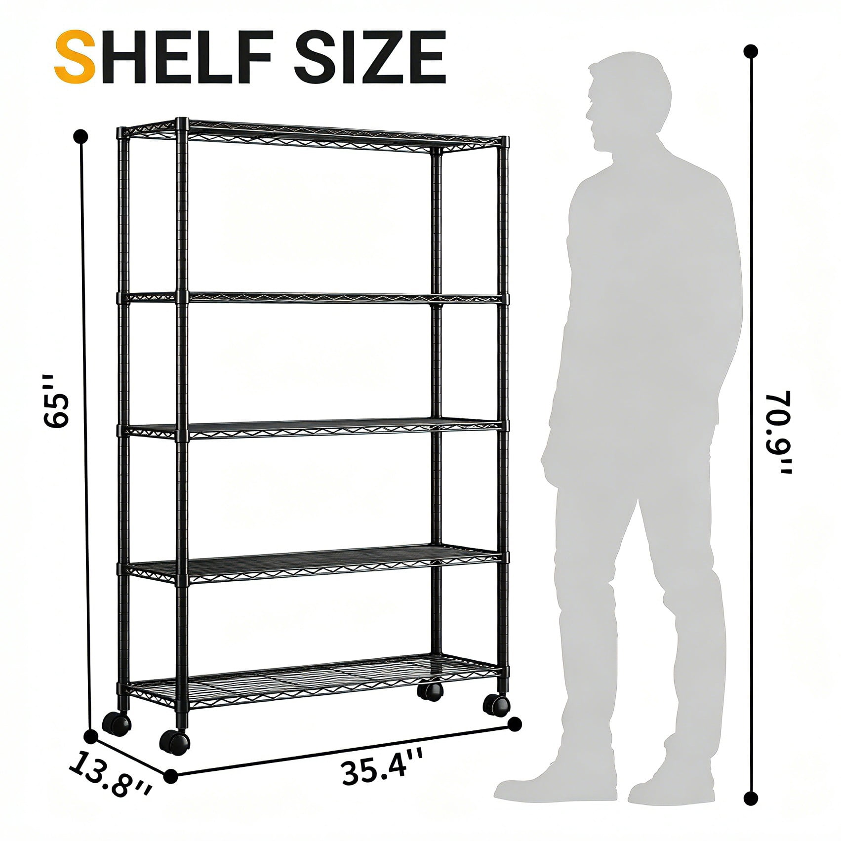 Ktaxon Commercial 5 Tier Storage Rack, Adjustable Rolling Metal Garage Shelving Chrome, 35''W x 14''D x 65''H, Capacity for 800lbs