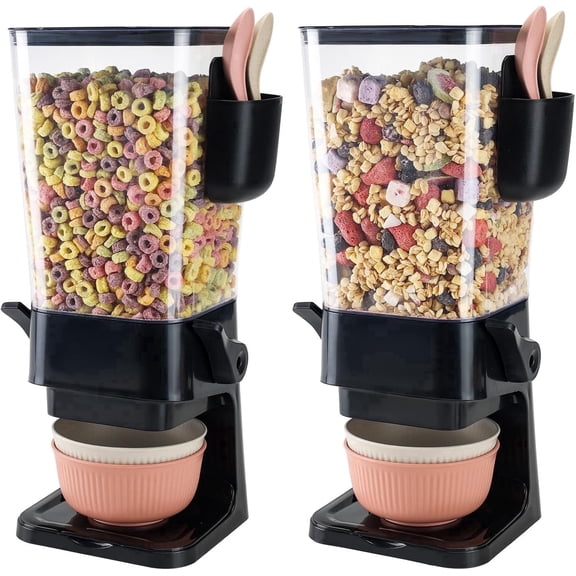 2 Pack 5.5 QT Plastic Cereal Dispenser Countertop ,Black Airtight Cereal Storage Container with 4 Bowls 4 Spoons & 2 Utensils Box