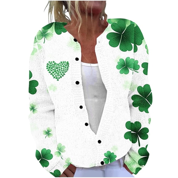 Njagoc3 Womens Casual St. Patrick'S Day Printed Knit Cardigan Button Down Jacket Tops