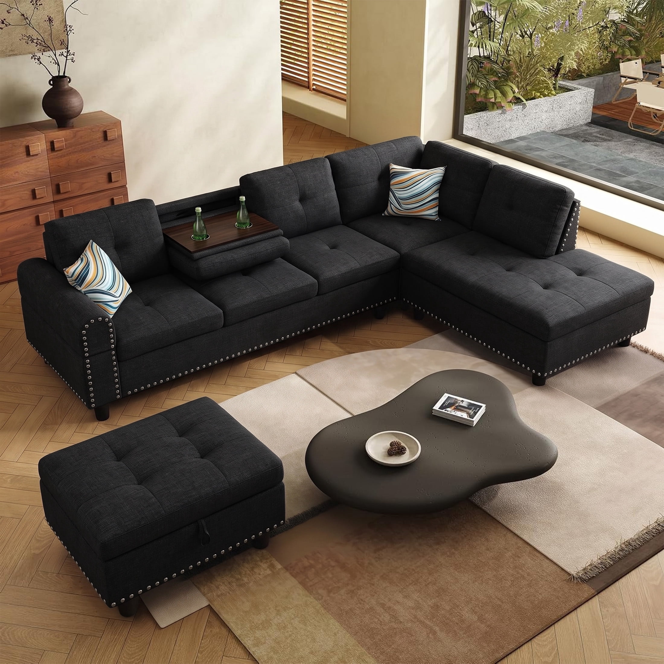 AENKYO 98" L-Shaped Sectional Sofa with Reversible Chaise, Storage Ottoman & Cup Holders, Linen, Black Gray