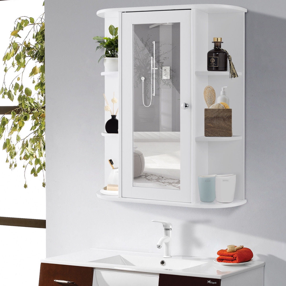 White Wooden Wall Mounted Mirror 1 Door Bathroom Cabinet Storage Accessories NEW 