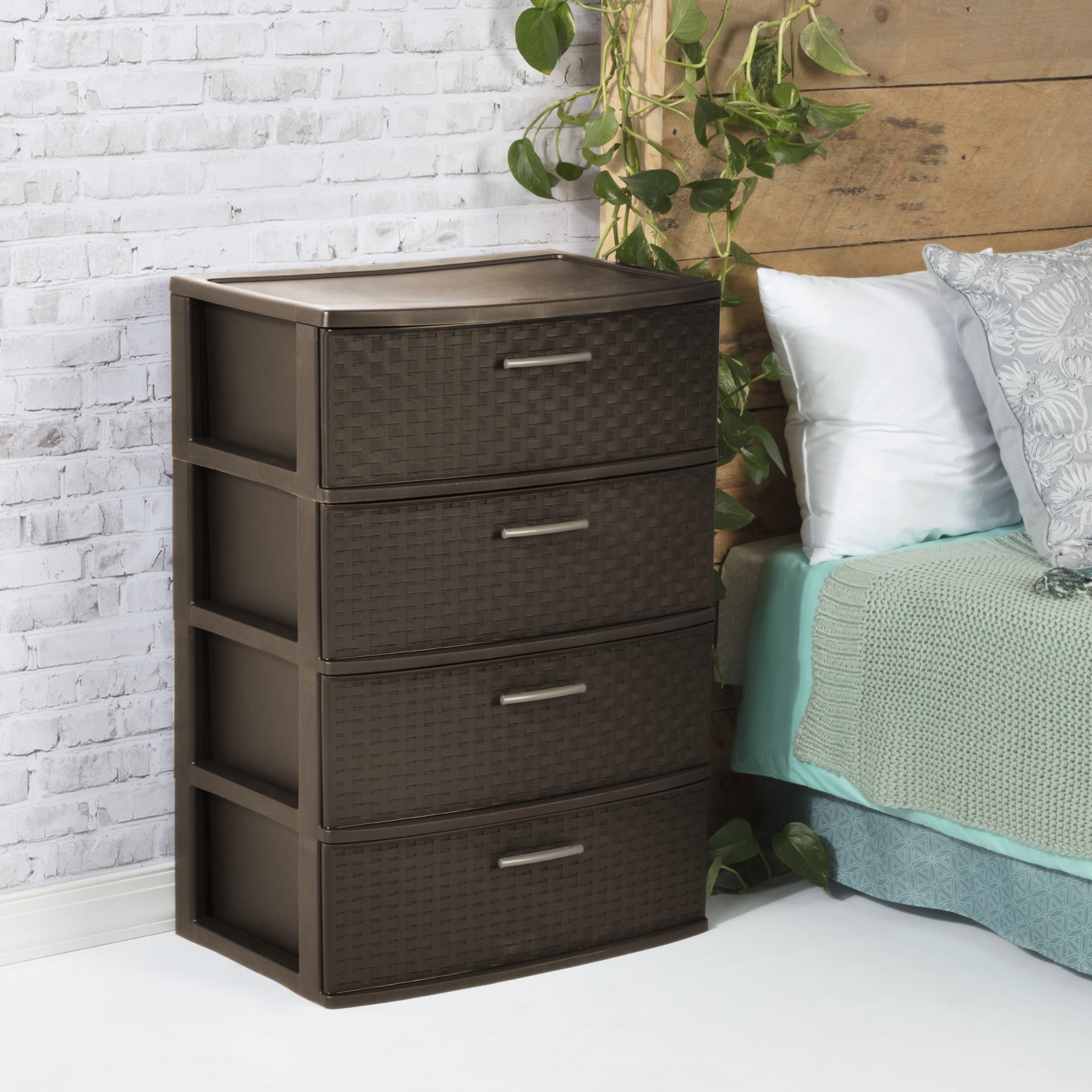 Sterilite 4 Drawer Wide Weave Tower, Plastic Décor Drawers with Pull Handles, Brown