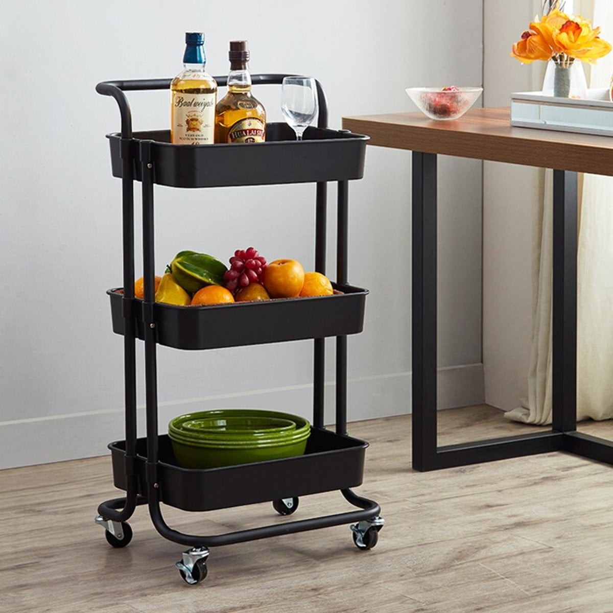 3 Tier Rolling Cart Office Bathroom Serving Cart Easy Assembly for Kitchen Black Metal Ultility Cart with Extra Large Lockable Wheels Makeup Storage Organizer Craft Trolley 