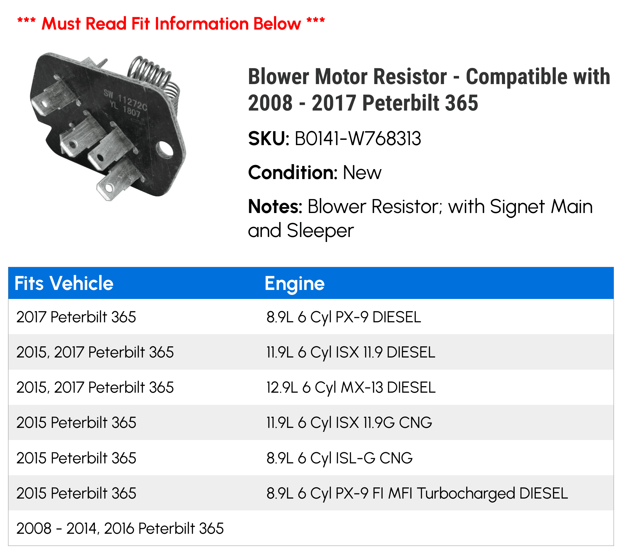Blower Motor Resistor - Compatible with 2008 - 2017 Peterbilt 365 2009 2010 2011 2012 2013 2014 2015 2016