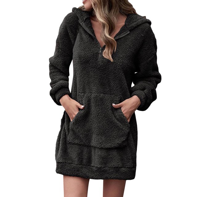 Soldes de Liquidation d'Automne!Robe d'Été pour Femmes, Robe à Capuche Décontractée à Manches Longues avec Poche pour Femmes, Chandail à Capuchon, Robe Unie Noire G