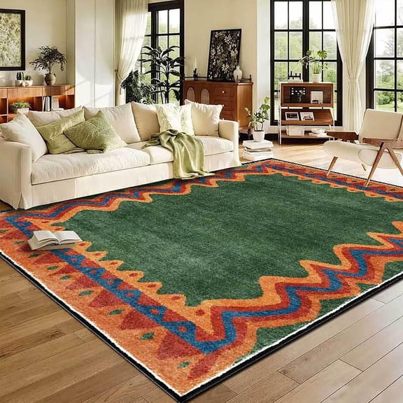 Modern Green Orange Washable Bedroom Rugs,Geometric Abstract Art Carpet Low Pile Non Slip Rectangular Mat for Home Office Decor-2' x 3'